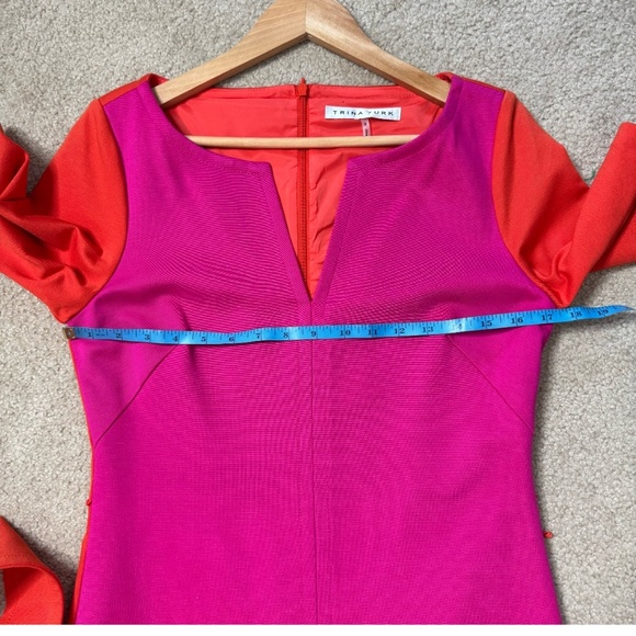 Trina Turk Shift Dress Classic Styling Orange Pink Colorblock 3/4 Sleeve Belted - Picture 12 of 15